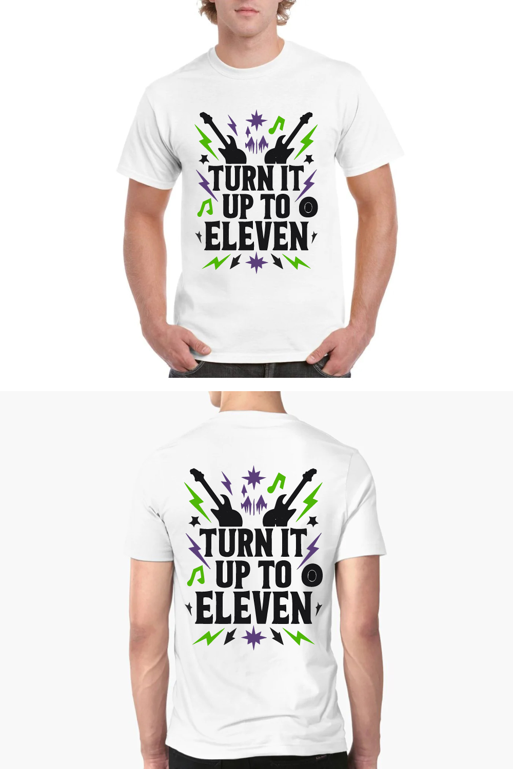 Turn It Up to Eleven Rock Music T-Shirt Design pinterest preview image.
