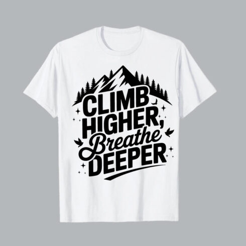 Climb higher breathe deeper mountain trees birds pine trees Flying bird silhouette wings freedom hiking EPS PNG T shirt Design cover image.
