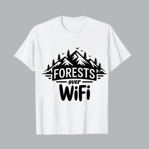 Mountains forests over wifi text design evergreen trees Black mountain forest trees and birds graphic on white t shirt hiking EPS PNG T shirt Design cover image.