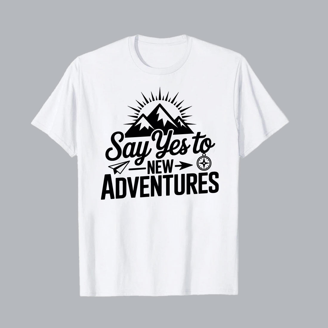 Say yes to new adventures mountain sun compass paper airplane hiking EPS PNG T shirt Design preview image.