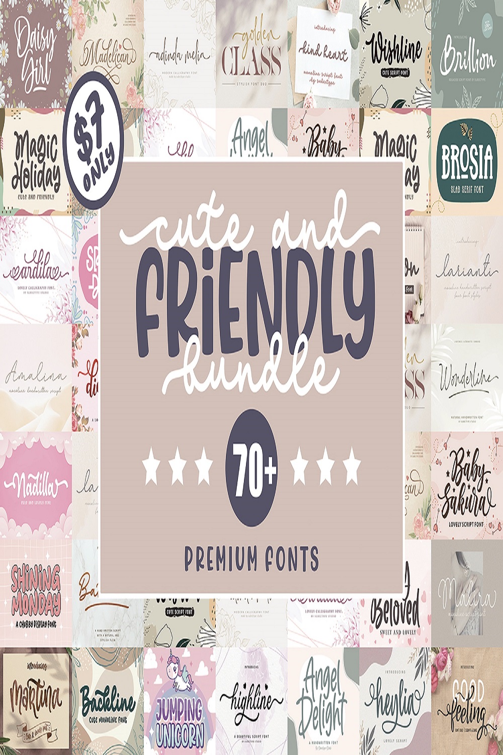 Cute and Friendly Fonts Bundle pinterest preview image.