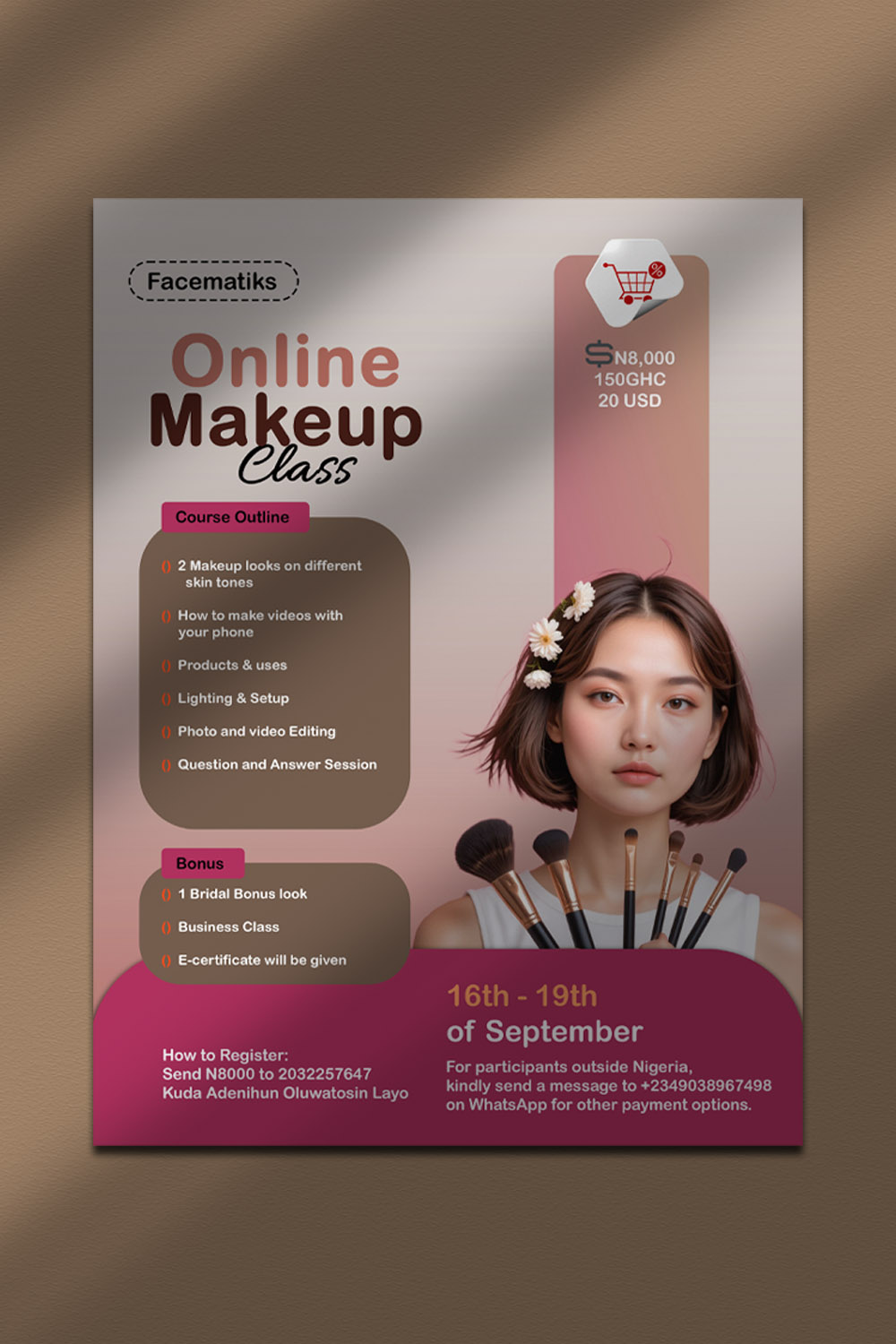 Editable Online Makeup Class Flyer PSD Template – Beauty Course Promo Design pinterest preview image.