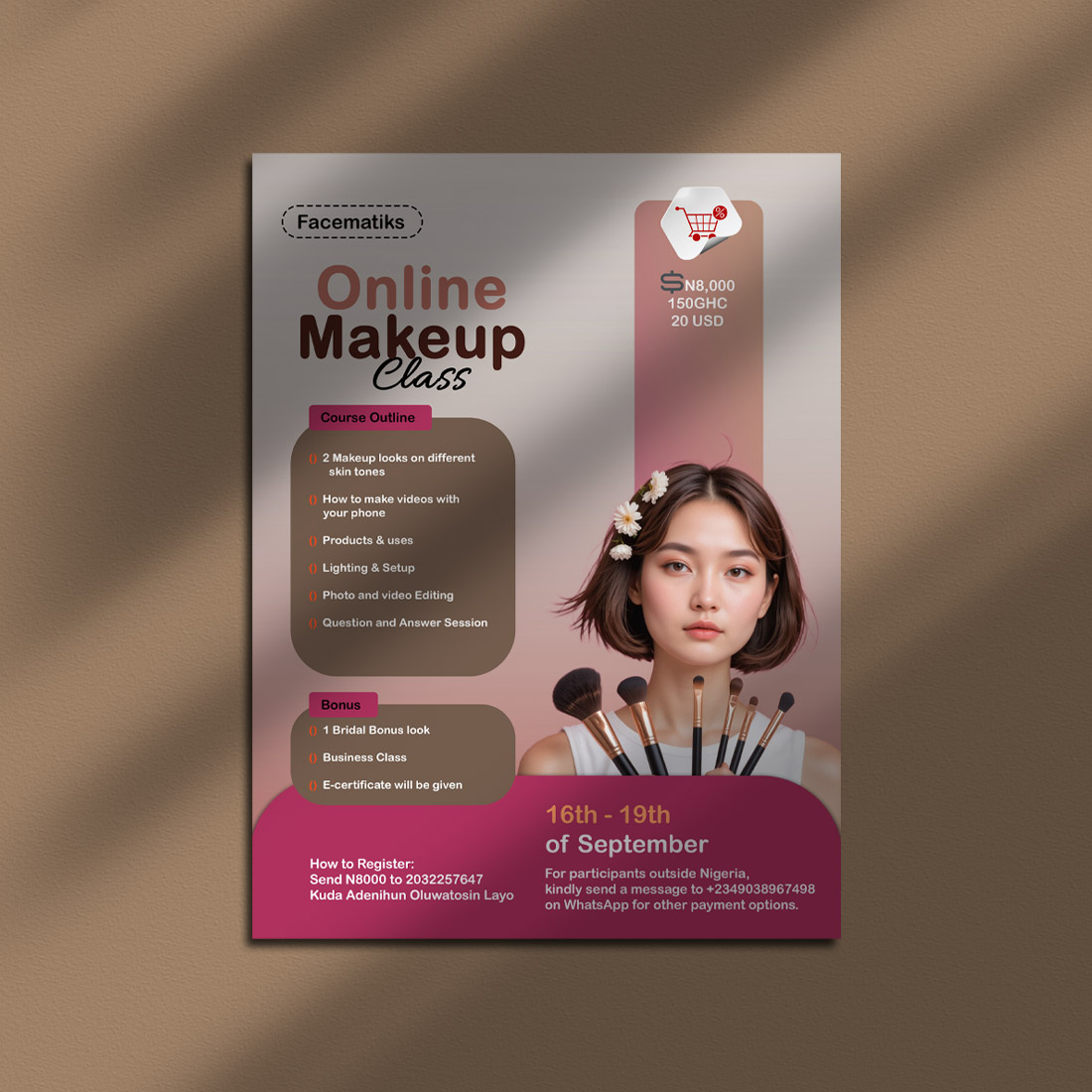 Editable Online Makeup Class Flyer PSD Template – Beauty Course Promo Design preview image.