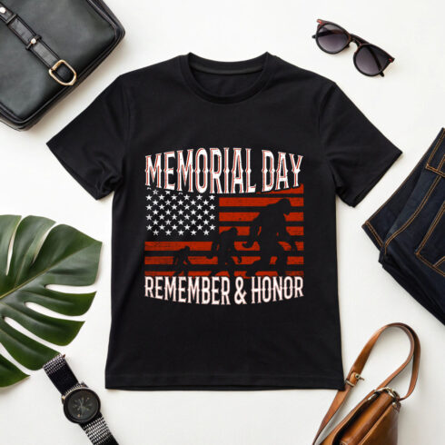 patriotic memorial day bigfoot design with American flag for t-shirt and apparel Graphic Design cover image.