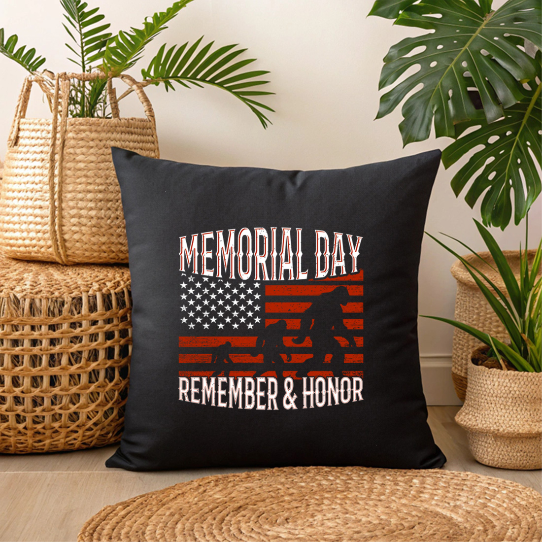 patriotic memorial day bigfoot design with american flag for t shirt and apparel. graphic design. 3 black pillow mock up 968