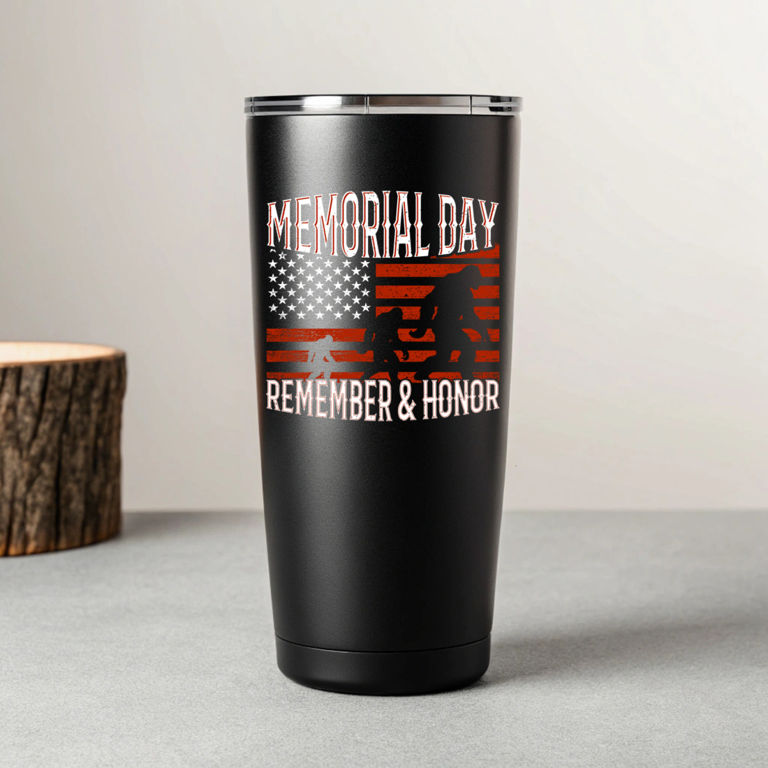 patriotic memorial day bigfoot design with american flag for t shirt and apparel. graphic design. 8 black tumblers mockup 658