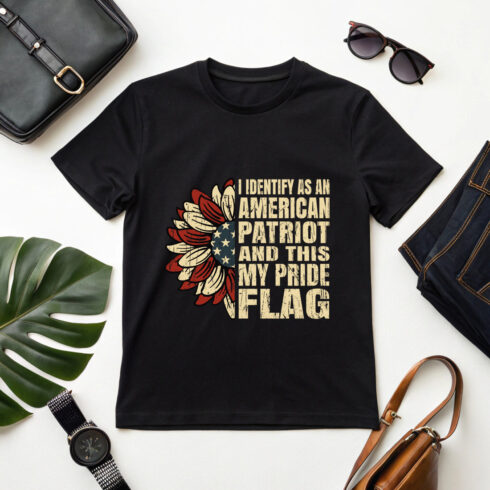 patriotic sunflower design with American flag and bold text for proud American graphic design cover image.