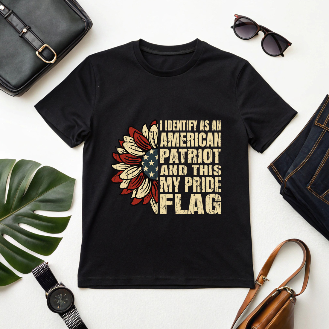 patriotic sunflower design with American flag and bold text for proud American graphic design cover image.