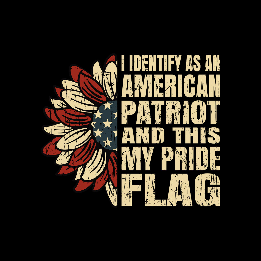 patriotic sunflower design with American flag and bold text for proud American graphic design preview image.