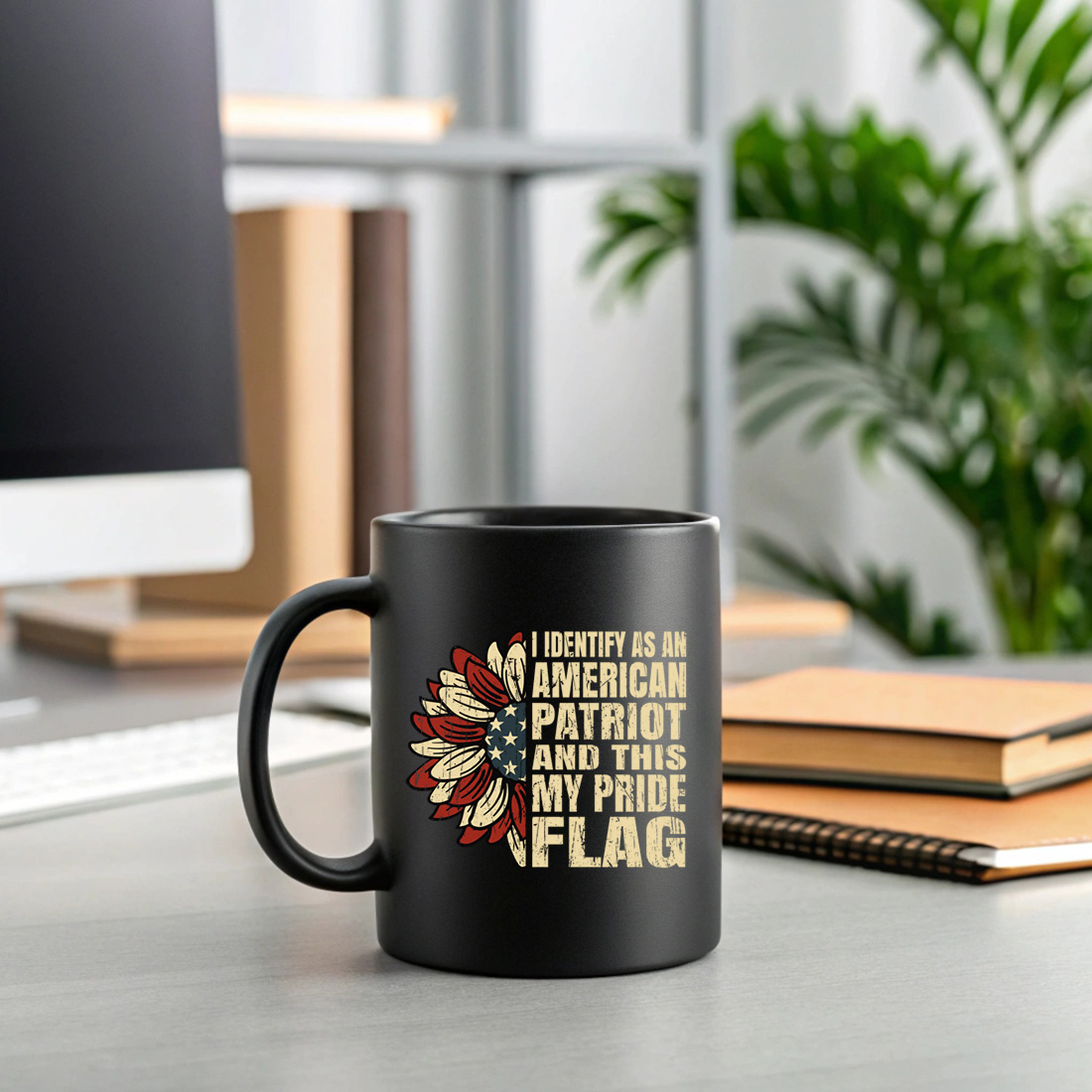 patriotic sunflower design with american flag and bold text for proud american. graphic design. 2 black mug mock up 836