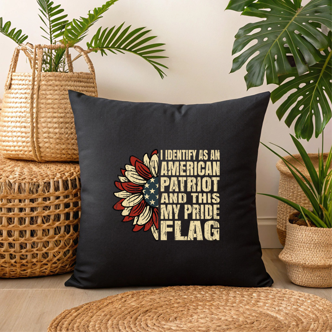 patriotic sunflower design with american flag and bold text for proud american. graphic design. 3 black pillow mock up 701