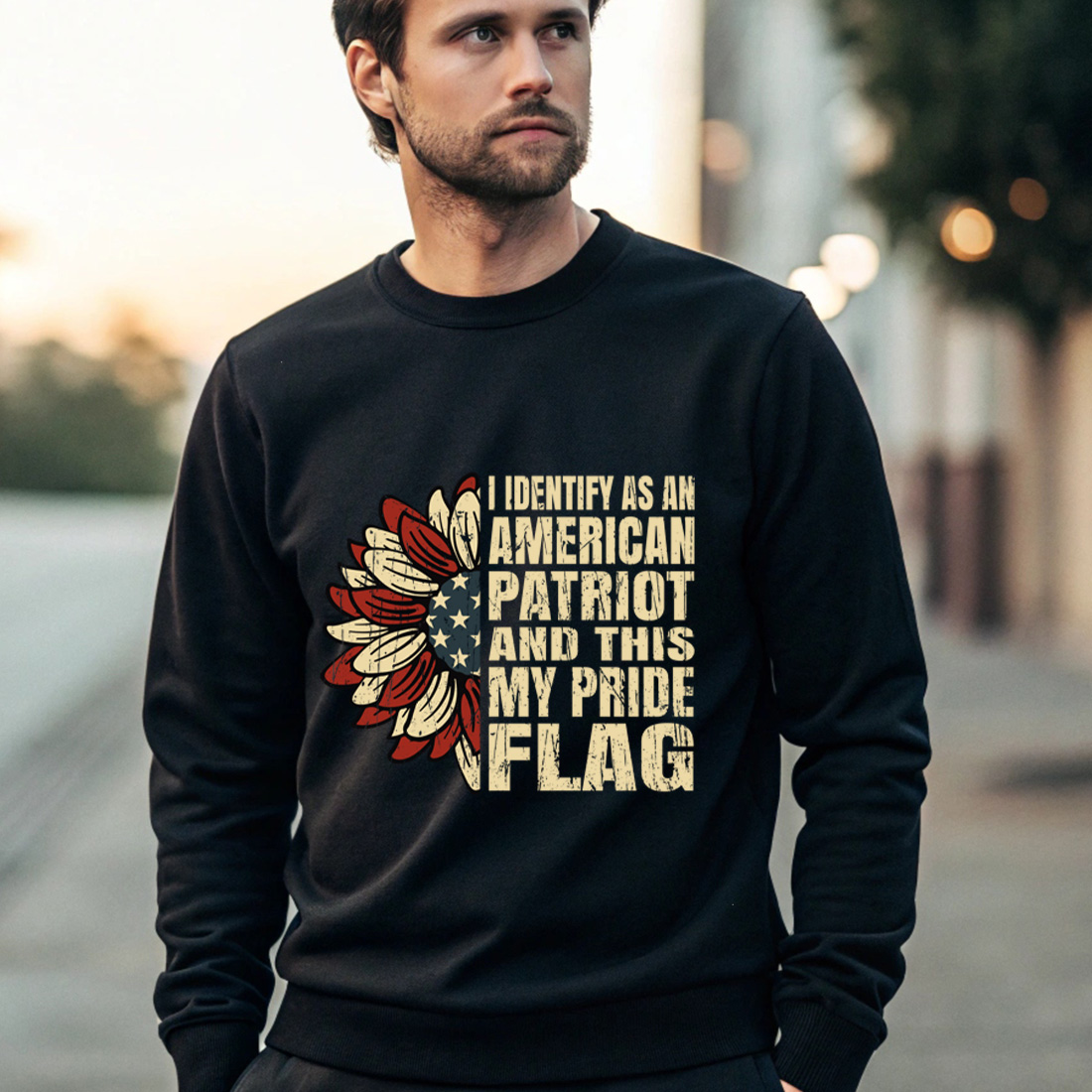 patriotic sunflower design with american flag and bold text for proud american. graphic design. 4 black male sweatshirt mock up 162
