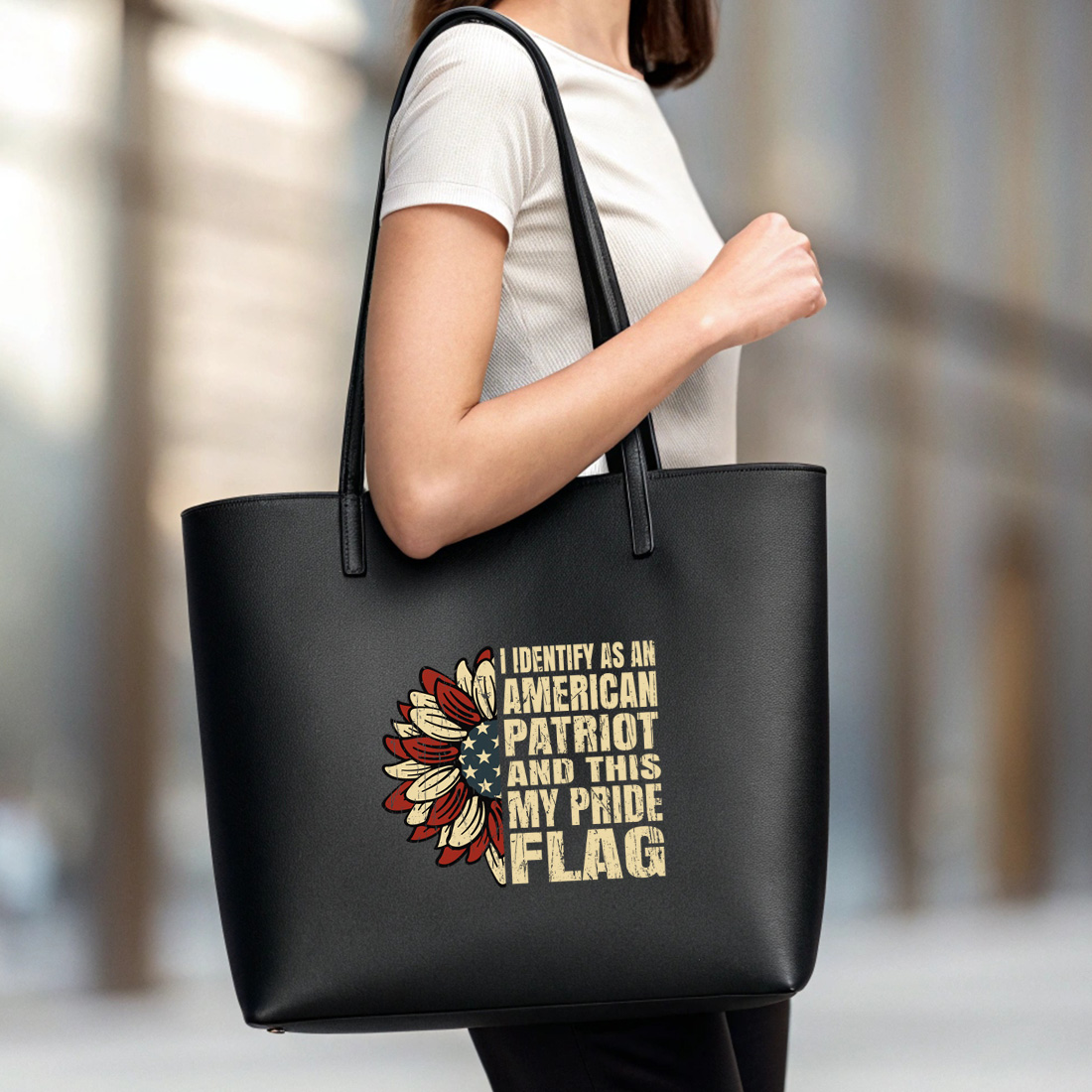 patriotic sunflower design with american flag and bold text for proud american. graphic design. 5 black tote beg mock up 533