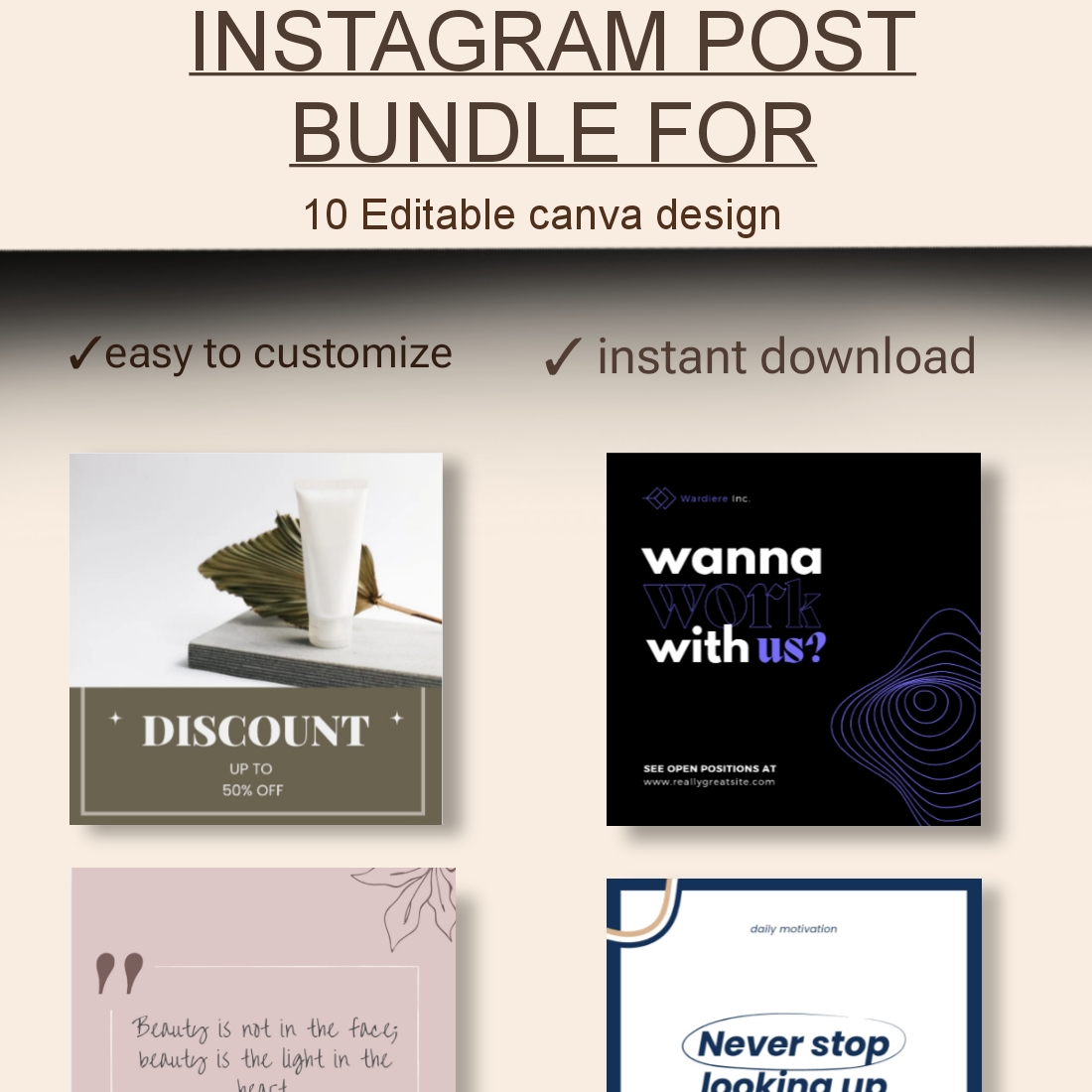 10 Editable Instagram Post Templates – Canva Bundle for Businesses & Creators cover image.