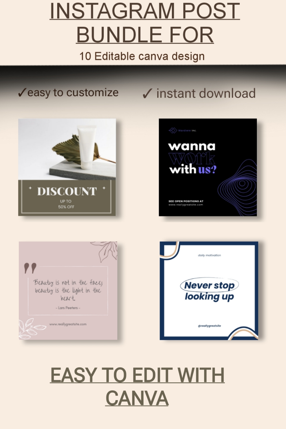 10 Editable Instagram Post Templates – Canva Bundle for Businesses & Creators pinterest preview image.
