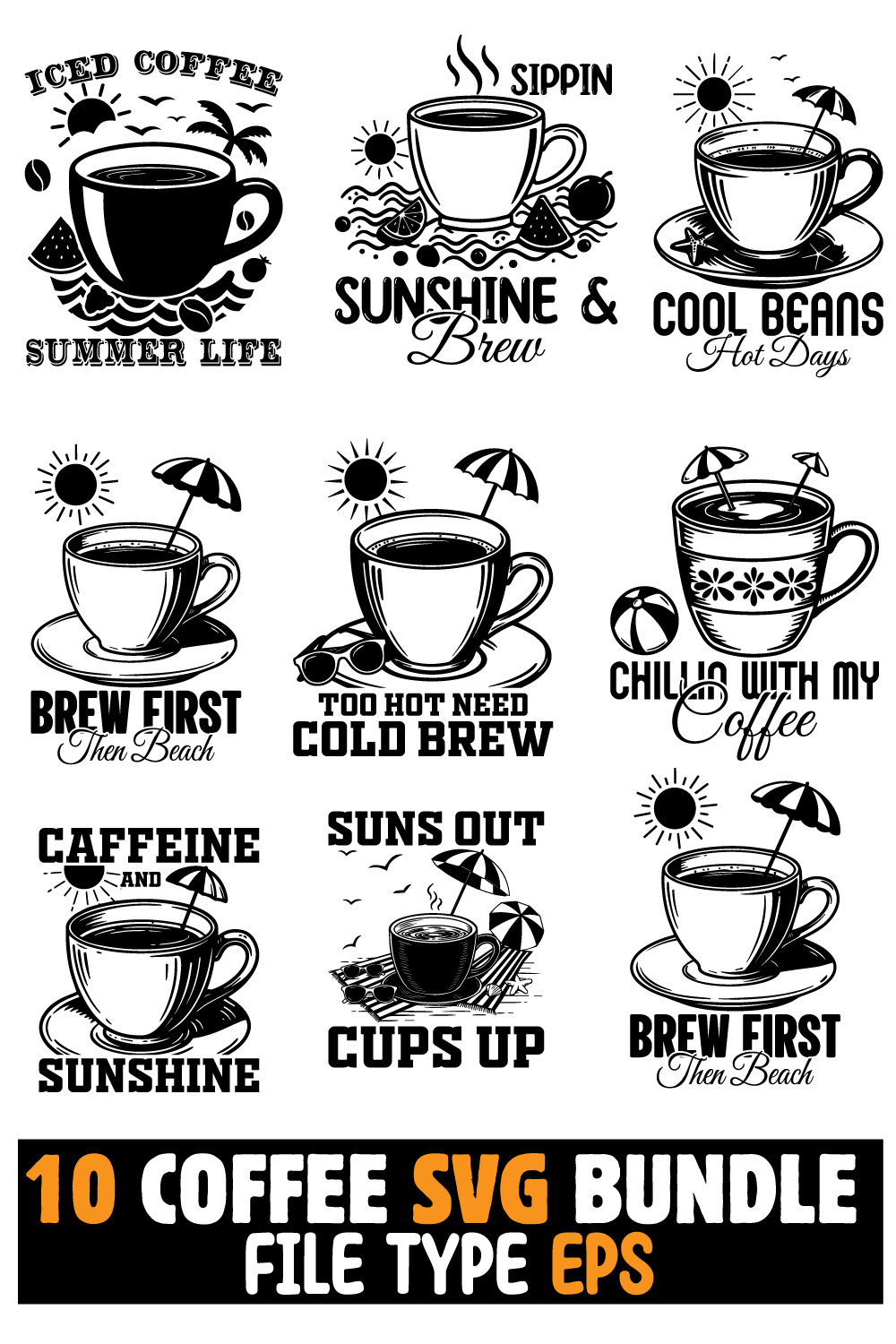 10 Summer Coffee SVG Bundle for T-Shirts pinterest preview image.