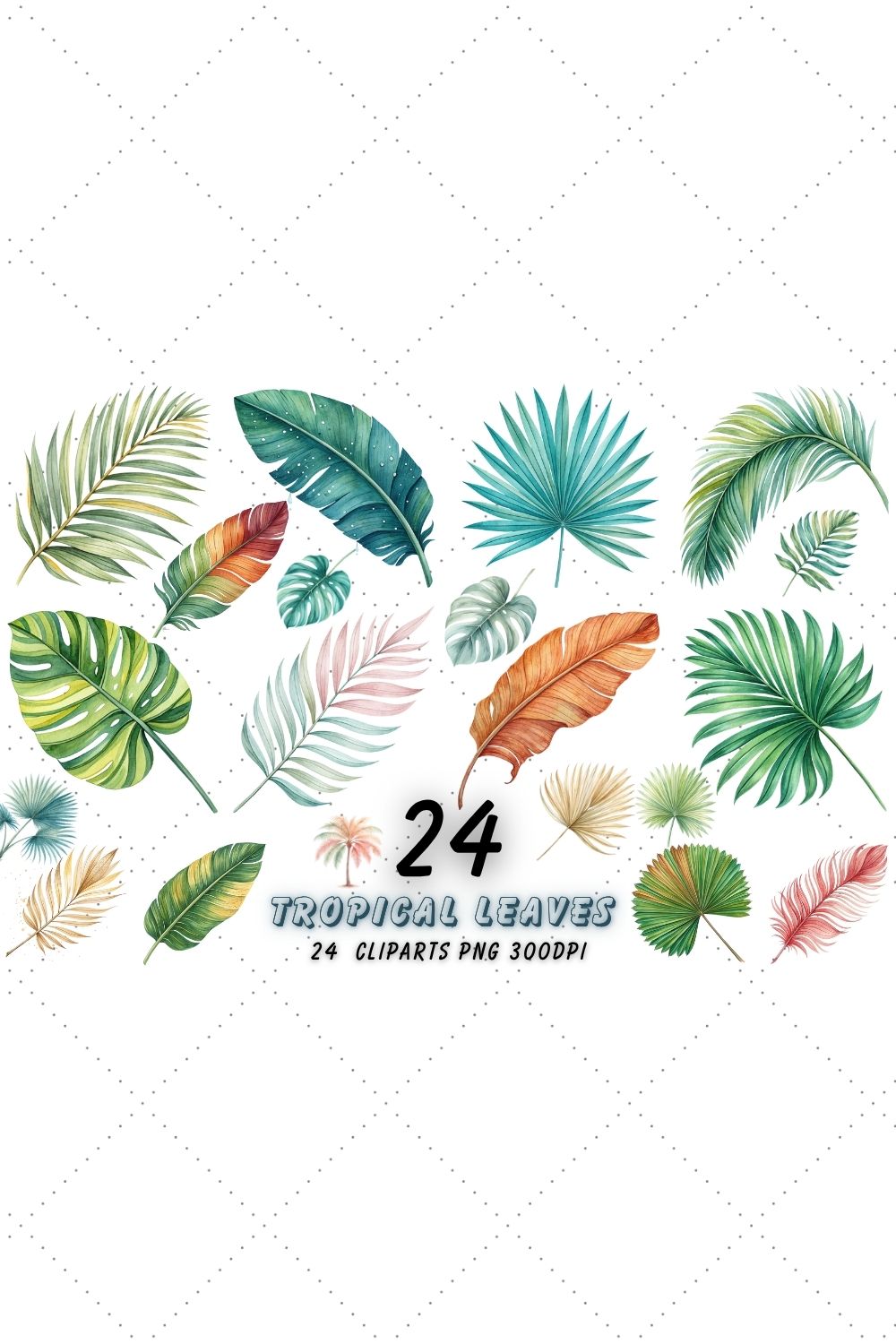 Tropical Leaves PNG, Watercolor Tropical Leaf Clipart Bundle, Greenery Clipart, Leaves Border, Foliage, Summer, Digital Download pinterest preview image.