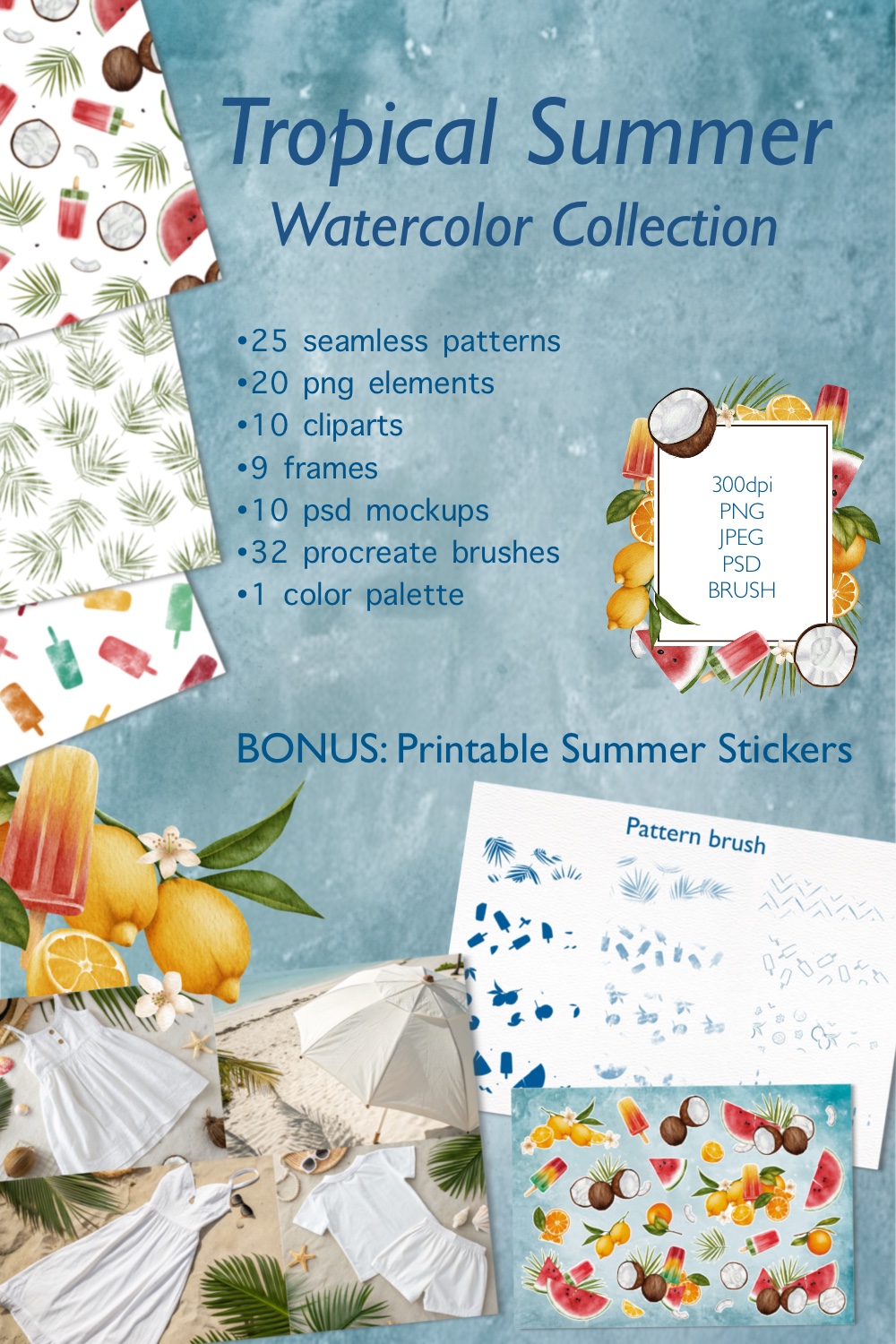 Tropical Summer Watercolor Collection - patterns, mockups, cliparts, stickers pinterest preview image.