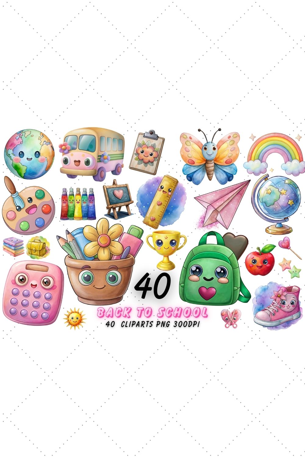 Back to School Clipart Bundle – 100 Days Of School, Kawaii School, Kawaii School Design, Kawaii School Watercolor, Kawaii School Vector, Kawaii School Wall Art, Wall Art, Kawaii School Art, Kawaii School Watercolor Clipart pinterest preview image.