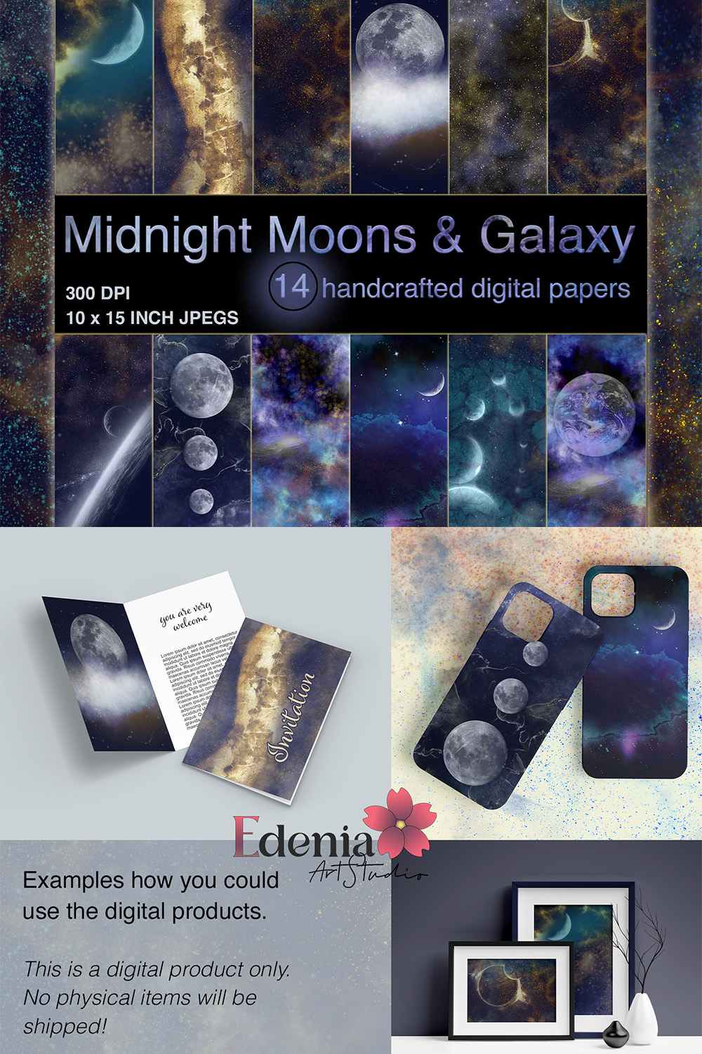 Midnight Moons Galaxy Wallpaper Textures Sublimation Background Bundle pinterest preview image.