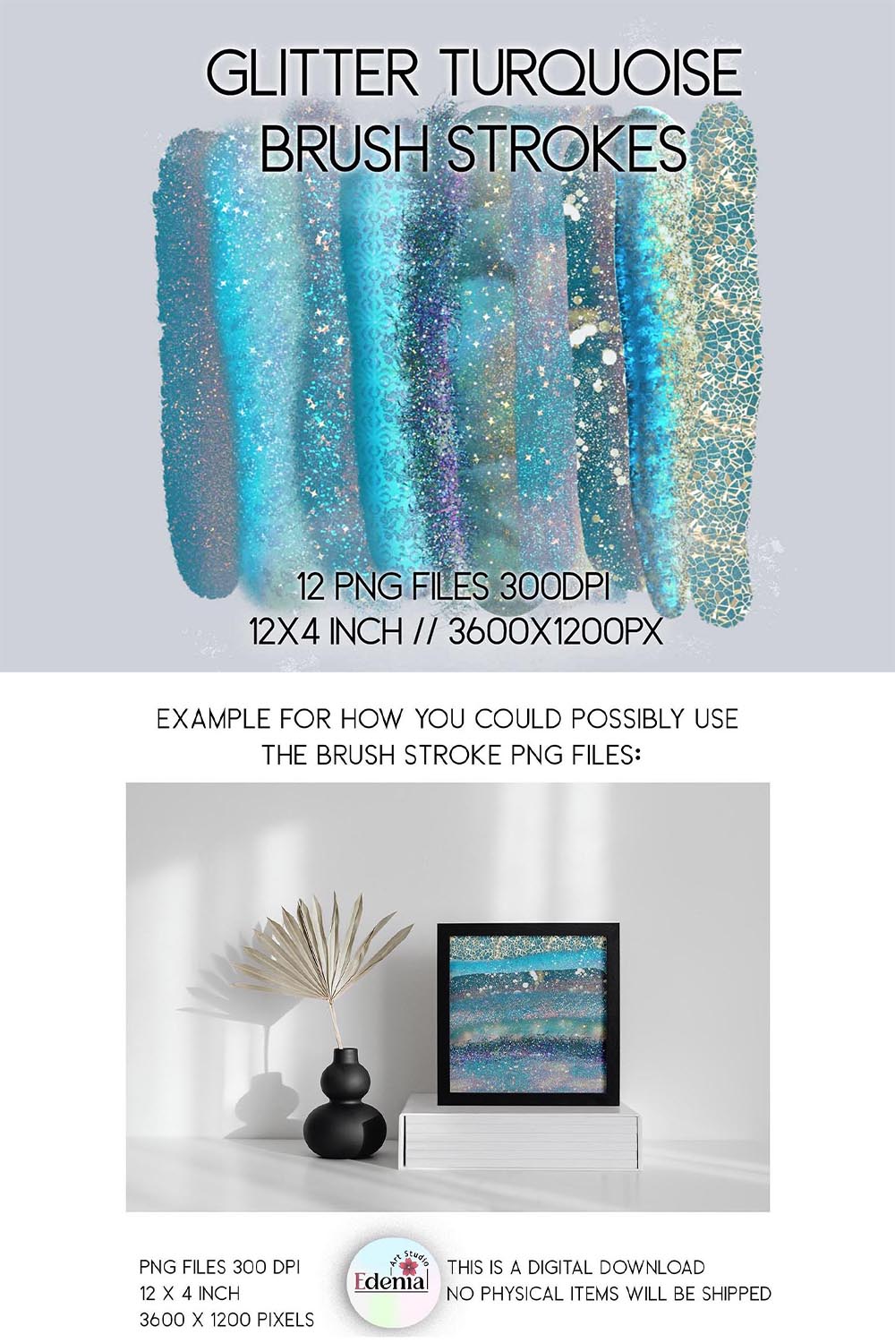 Glitter Turquoise Brush Strokes Clipart Sublimation PNGs pinterest preview image.