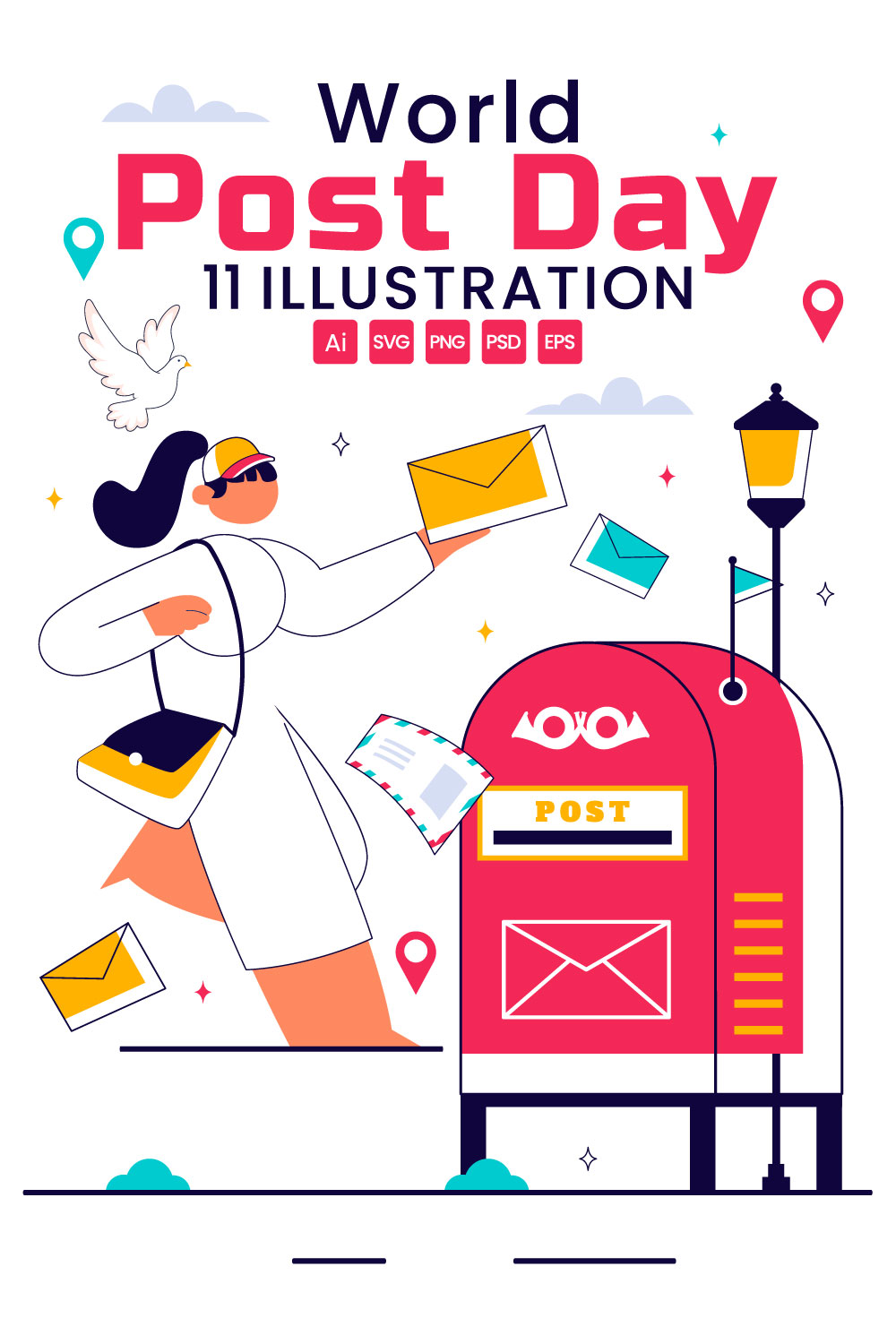 11 World Post Day Illustration pinterest preview image.