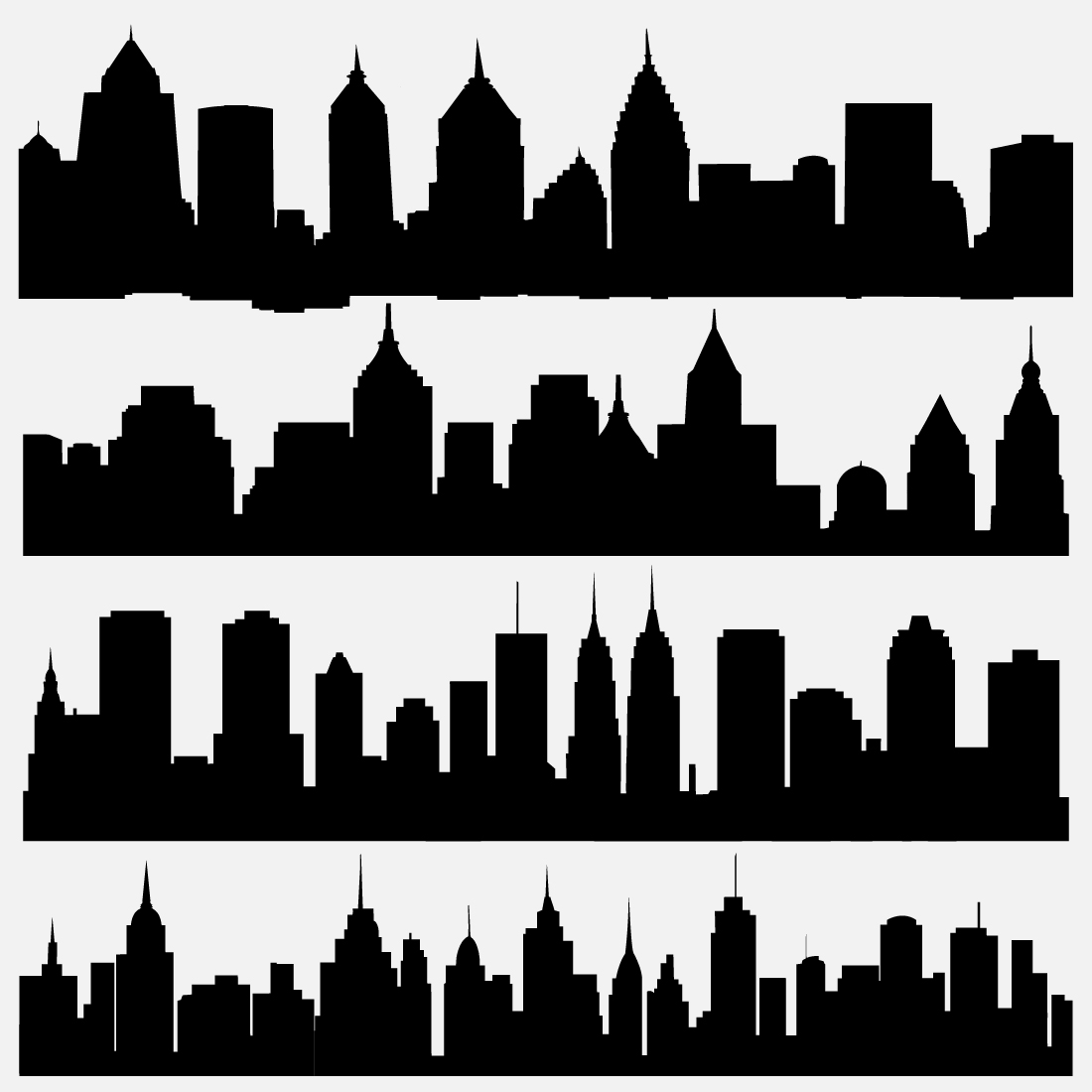 Black City Skyline Silhouette Vector in White Background Design pinterest preview image.