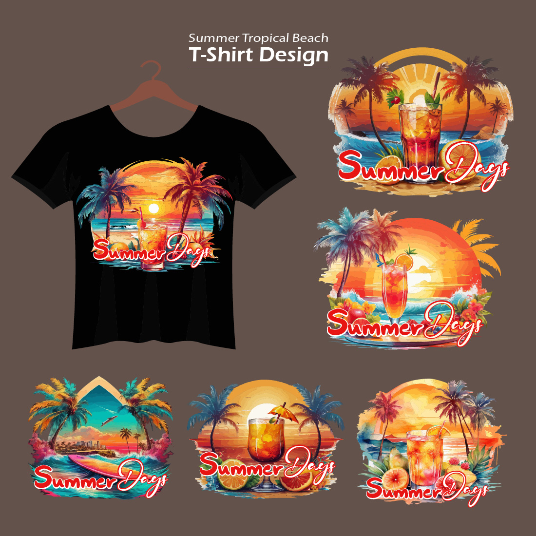 Summer holiday T-Shirt element Tropical Sunset Beach vector illustration with vintage logo illustration preview image.