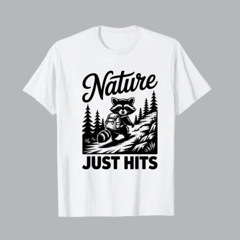 Raccoon hiking through forest with backpack trees hiking EPS PNG T shirt Design cover image.