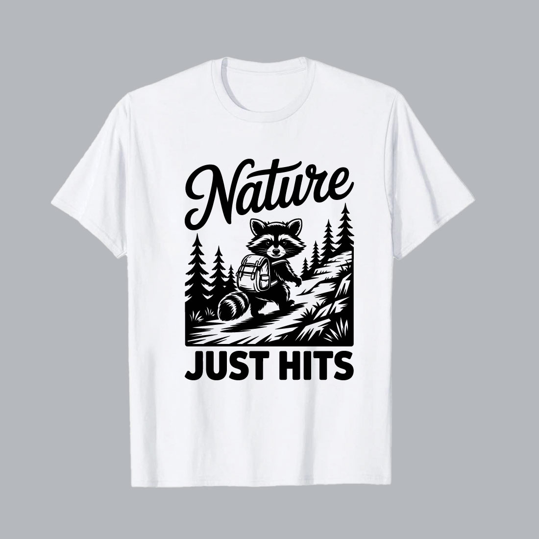 Raccoon hiking through forest with backpack trees hiking EPS PNG T shirt Design cover image.