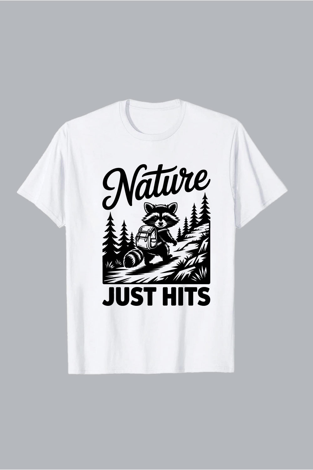 Raccoon hiking through forest with backpack trees hiking EPS PNG T shirt Design pinterest preview image.