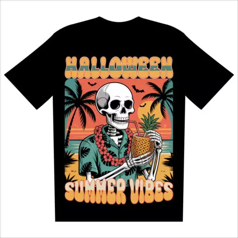 Retro Halloween Skeleton T-Shirt Design Summer Vibes, Tropical Beach Sunset, Vintage Style Illustration cover image.