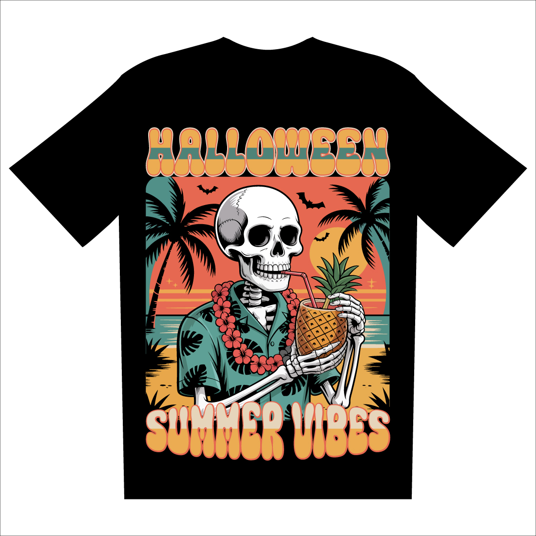 retro halloween skeleton t shirt design summer vibes tropical beach sunset vintage style illustration.1 898