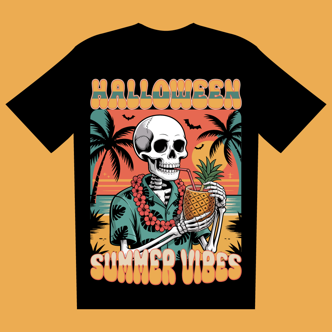 Retro Halloween Skeleton T-Shirt Design Summer Vibes, Tropical Beach Sunset, Vintage Style Illustration preview image.
