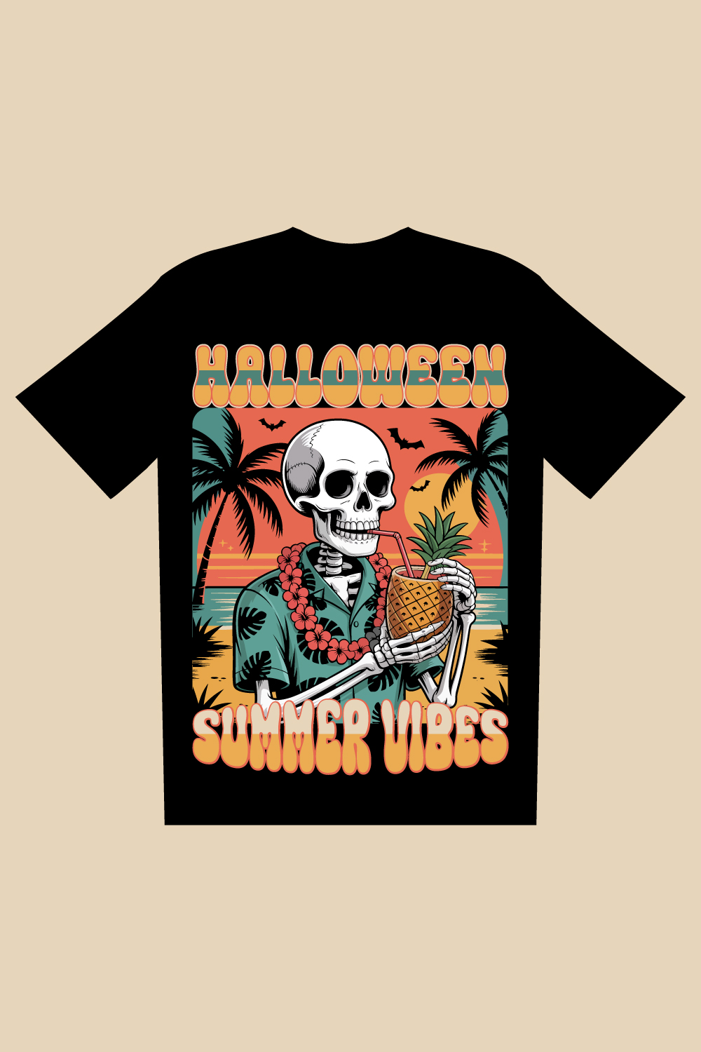 Retro Halloween Skeleton T-Shirt Design Summer Vibes, Tropical Beach Sunset, Vintage Style Illustration pinterest preview image.