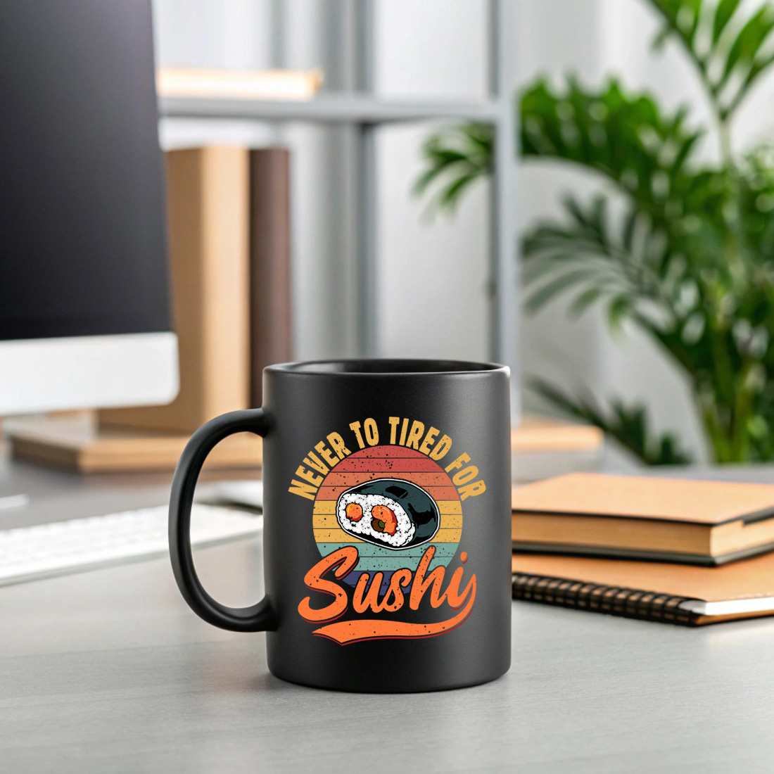 retro sushi lover graphic design with funny never too tired for sushi quote. sush graphic design 2 black mug mock up 790