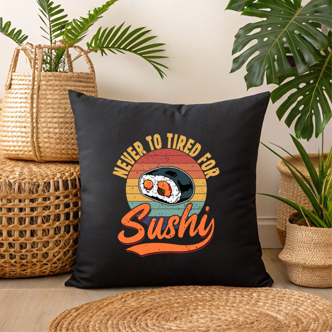 retro sushi lover graphic design with funny never too tired for sushi quote. sush graphic design 3 black pillow mock up 405