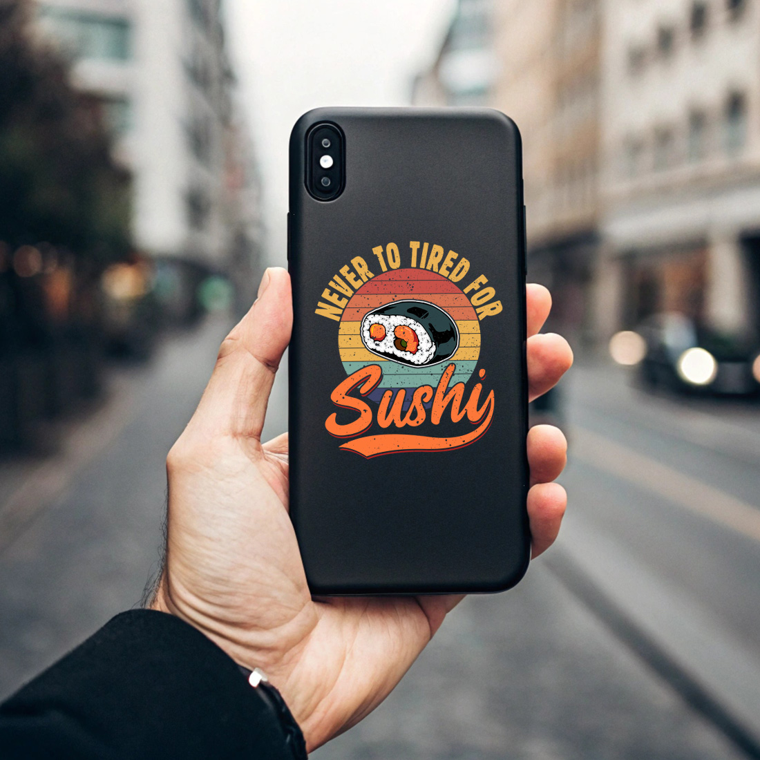 retro sushi lover graphic design with funny never too tired for sushi quote. sush graphic design 7 black phone case mock up 477