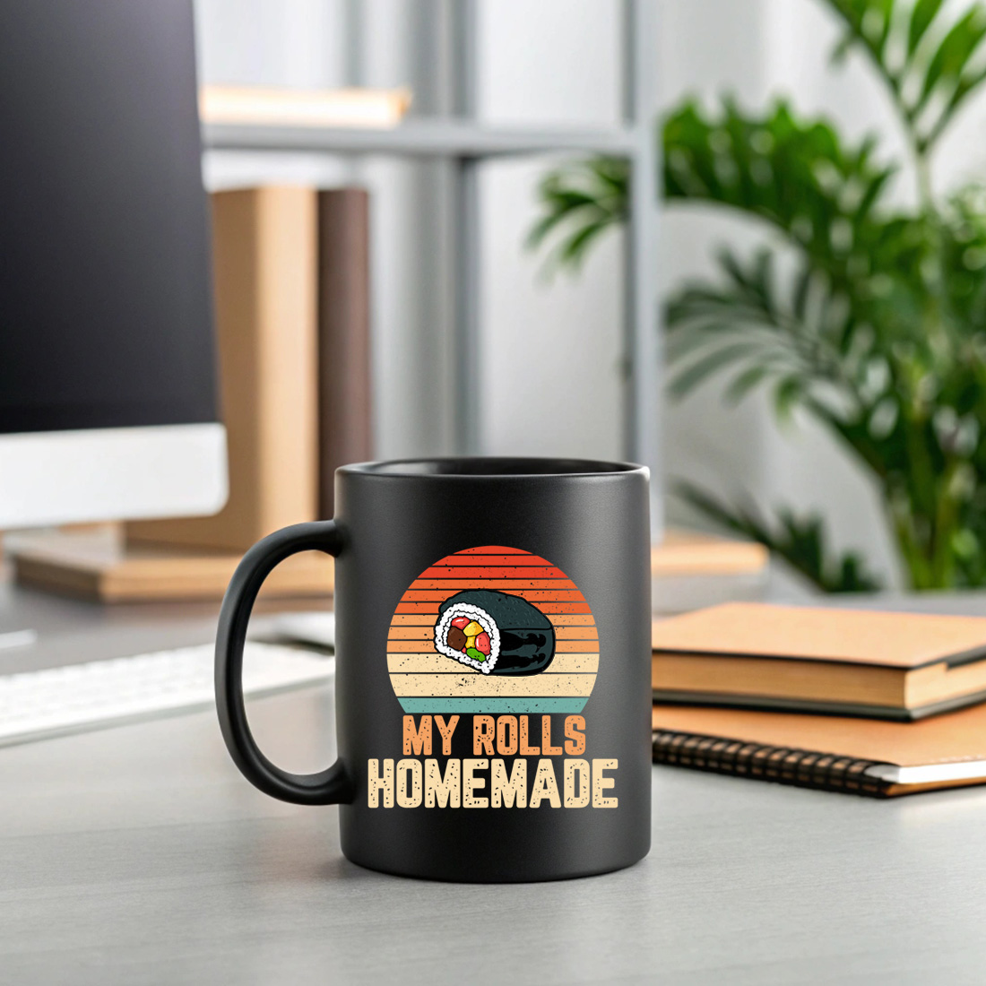 retro sushi roll graphic design with my rolls homemade quote perfect for food lovers. sush graphic design 2 black mug mock up 871