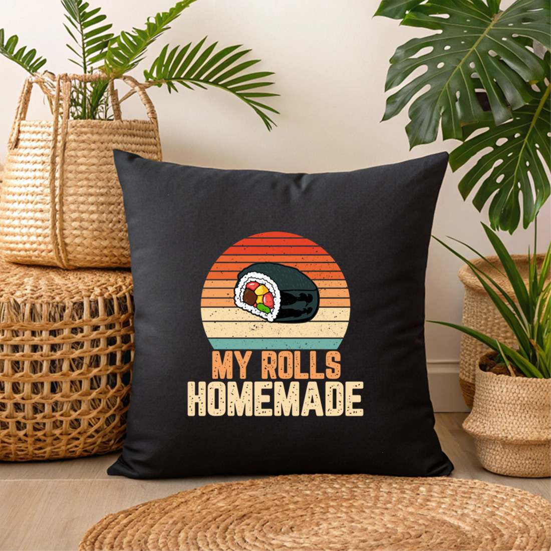 retro sushi roll graphic design with my rolls homemade quote perfect for food lovers. sush graphic design 3 black pillow mock up 925