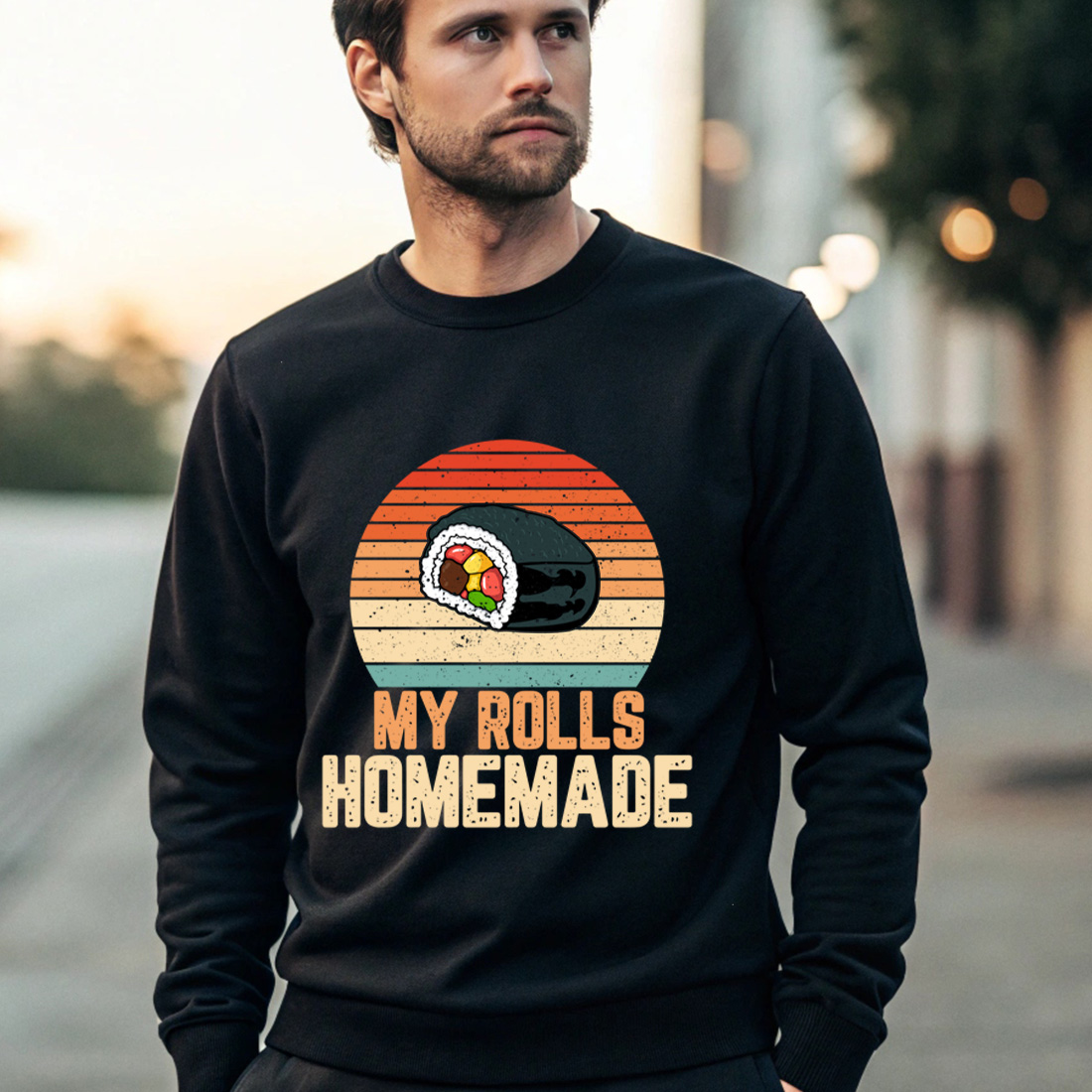 retro sushi roll graphic design with my rolls homemade quote perfect for food lovers. sush graphic design 4 black male sweatshirt mock up 254