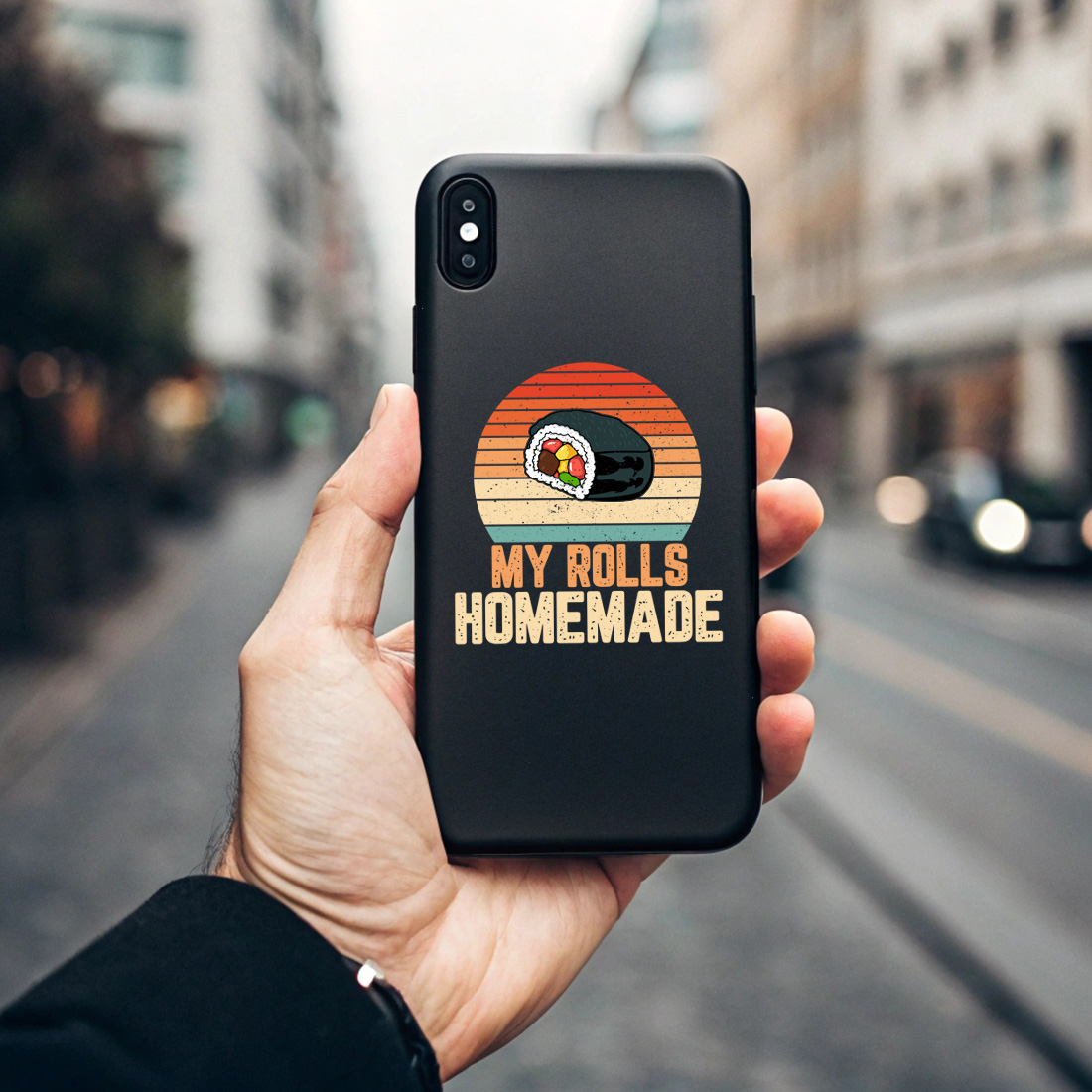retro sushi roll graphic design with my rolls homemade quote perfect for food lovers. sush graphic design 7 black phone case mock up 539