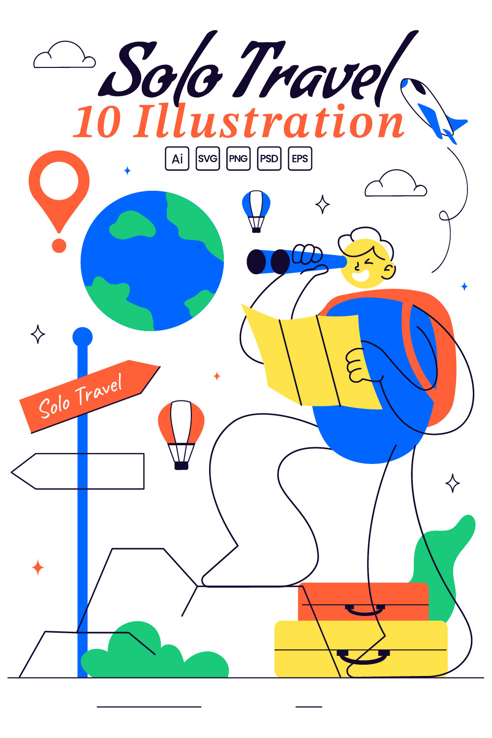 10 Solo Travel Vector Illustration pinterest preview image.