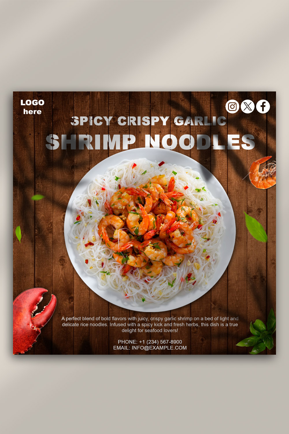 Spicy Crispy Garlic Shrimp Noodles PSD Template pinterest preview image.