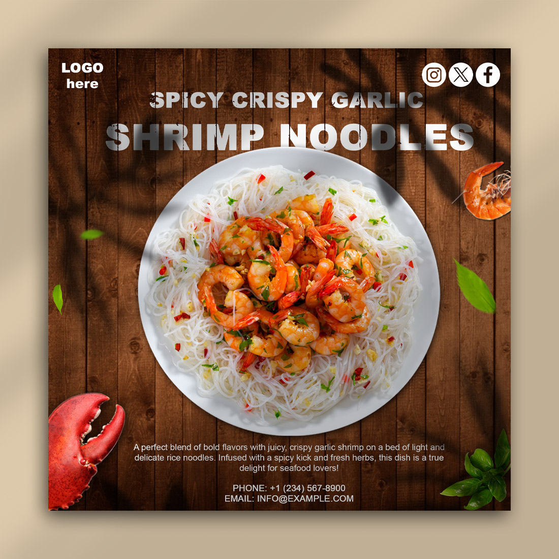 Spicy Crispy Garlic Shrimp Noodles PSD Template cover image.