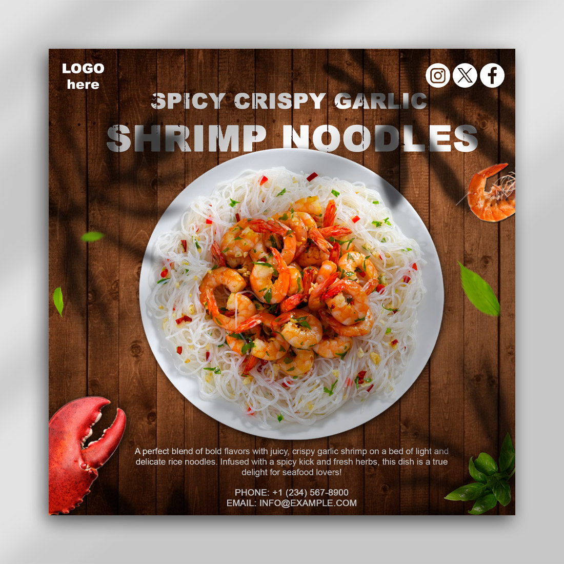 Spicy Crispy Garlic Shrimp Noodles PSD Template preview image.