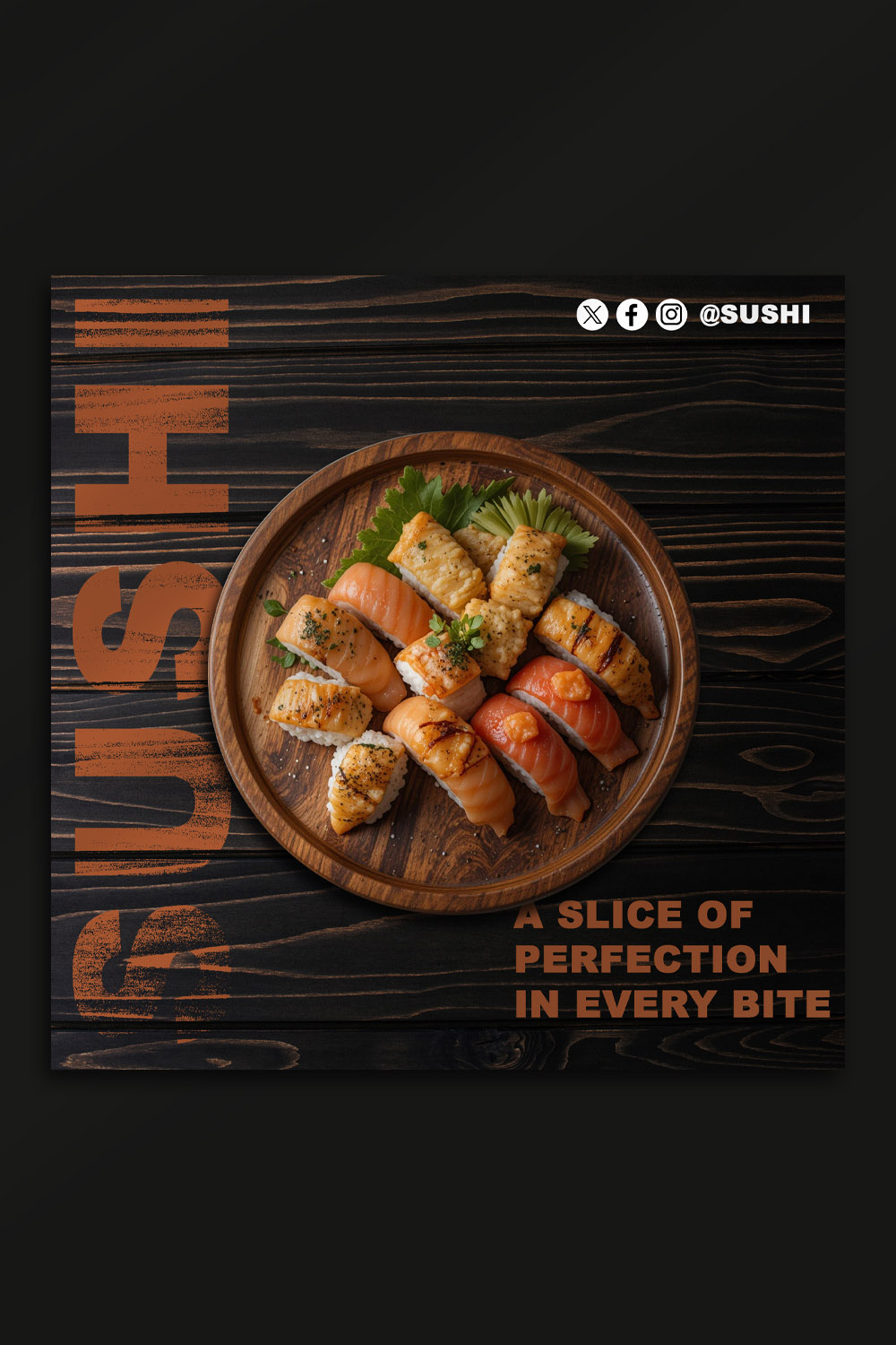 Elegant Sushi Social Media Post PSD Template pinterest preview image.