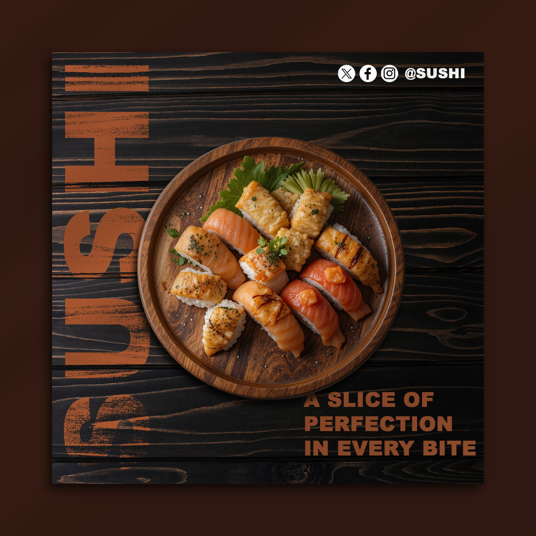 Elegant Sushi Social Media Post PSD Template preview image.