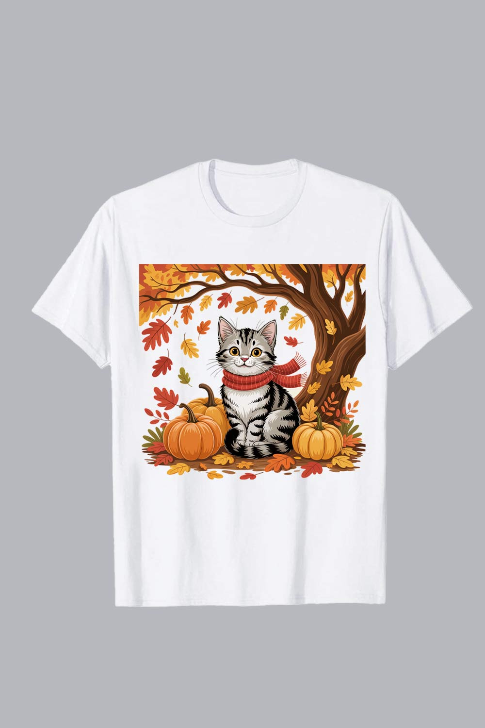 4 Design White cat autumn cozy scene leaves pumpkins Halloween day PNG T shirt Design T shirt PNG File pinterest preview image.