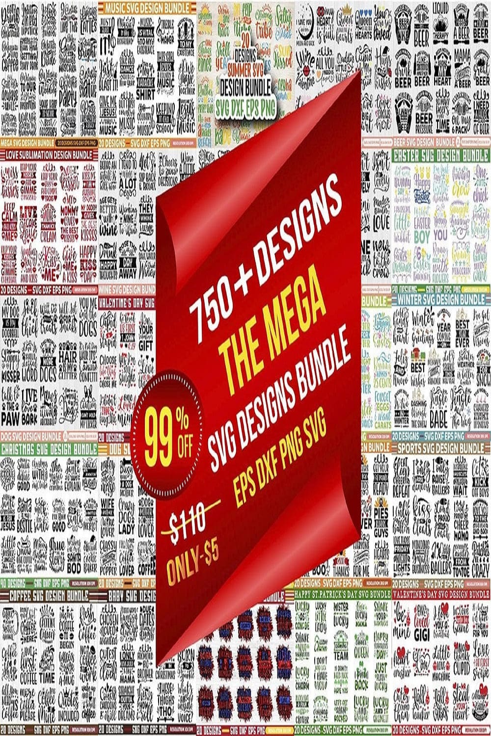 The Mega SVG Designs Bundle pinterest preview image.